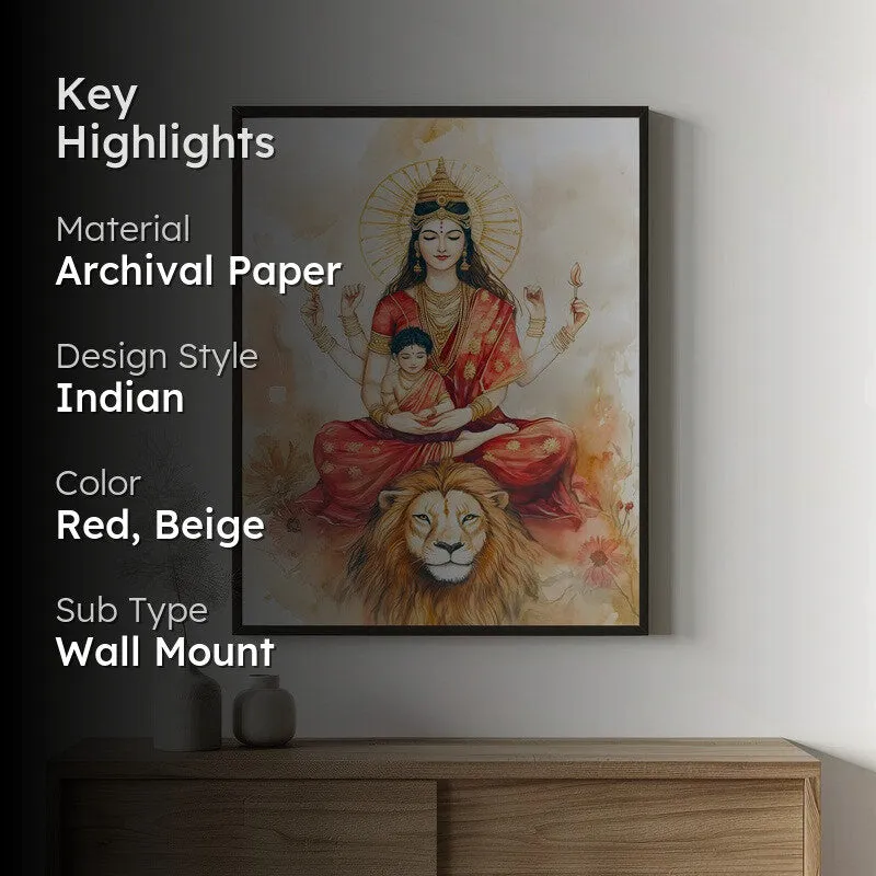 Simhavahini Durga Archival Paper Wall Painting With Black Frame media 2