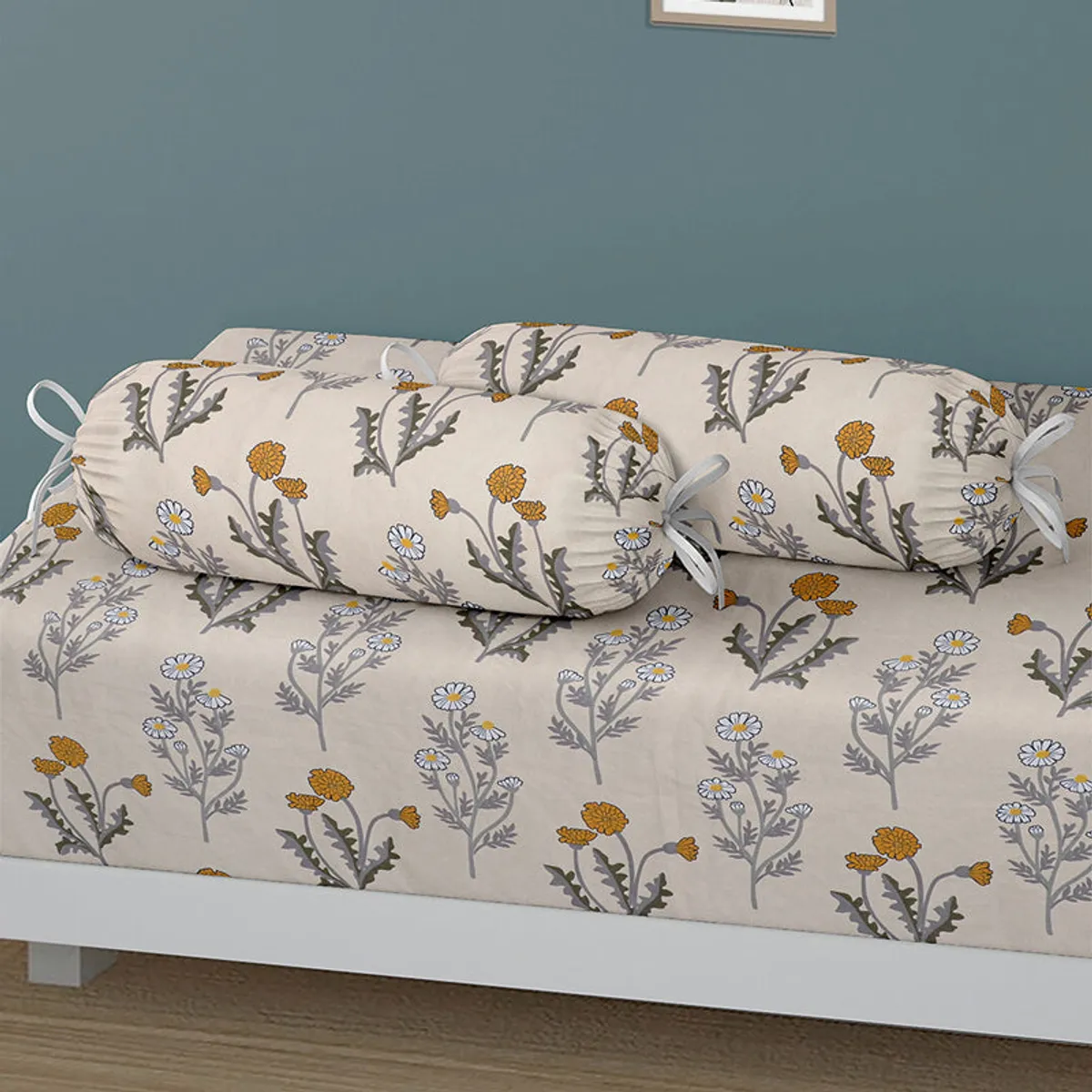Close view of floral diwan bedsheet with two matching bolster covers