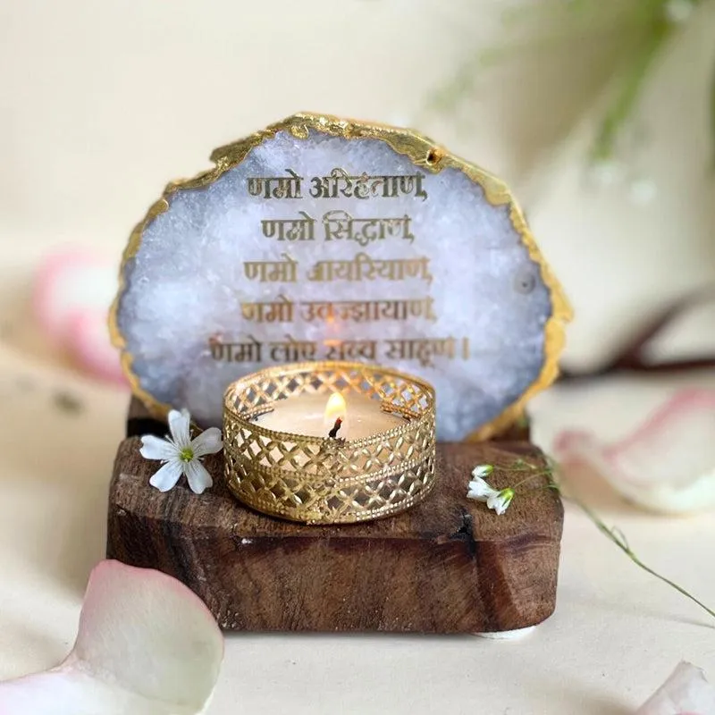 Namokar Handcrafted Agate Religious Accent With Tealight Candle Holder - White media 4