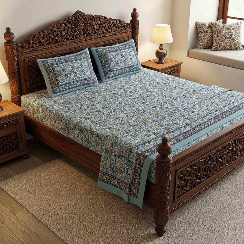 Madhur Cotton Bedsheet (Blue, Grey) - 180 TC