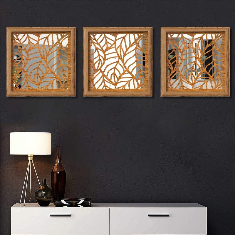 Opularch Wall Mirror With Wooden Frame (Brown) - Set Of Three