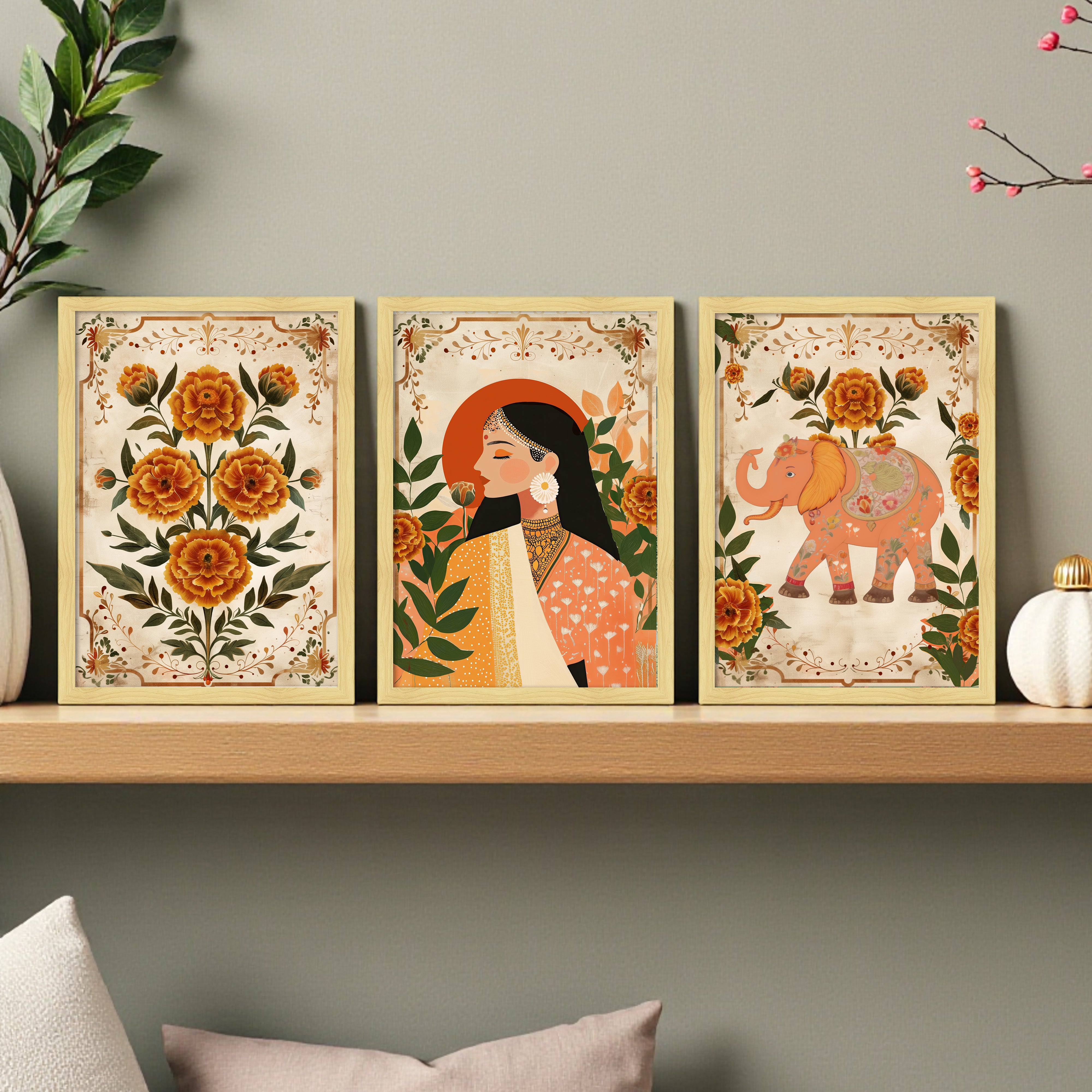 Madhura Folk Art Wall Painting Set With Frame - Set Of Three