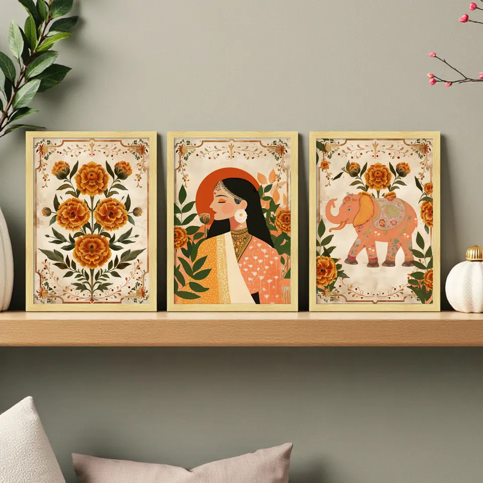 Madhura Folk Art Wall Painting Set With Frame - Set Of Three media 1