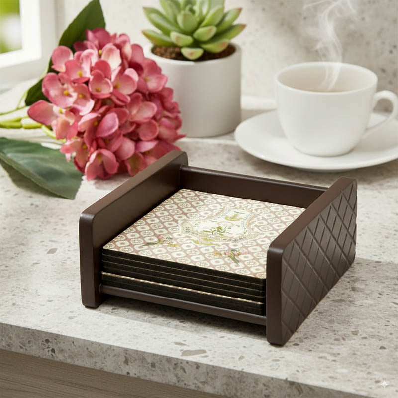 Floral Elegance Wooden Coasters with Holder - Seven Piece Set