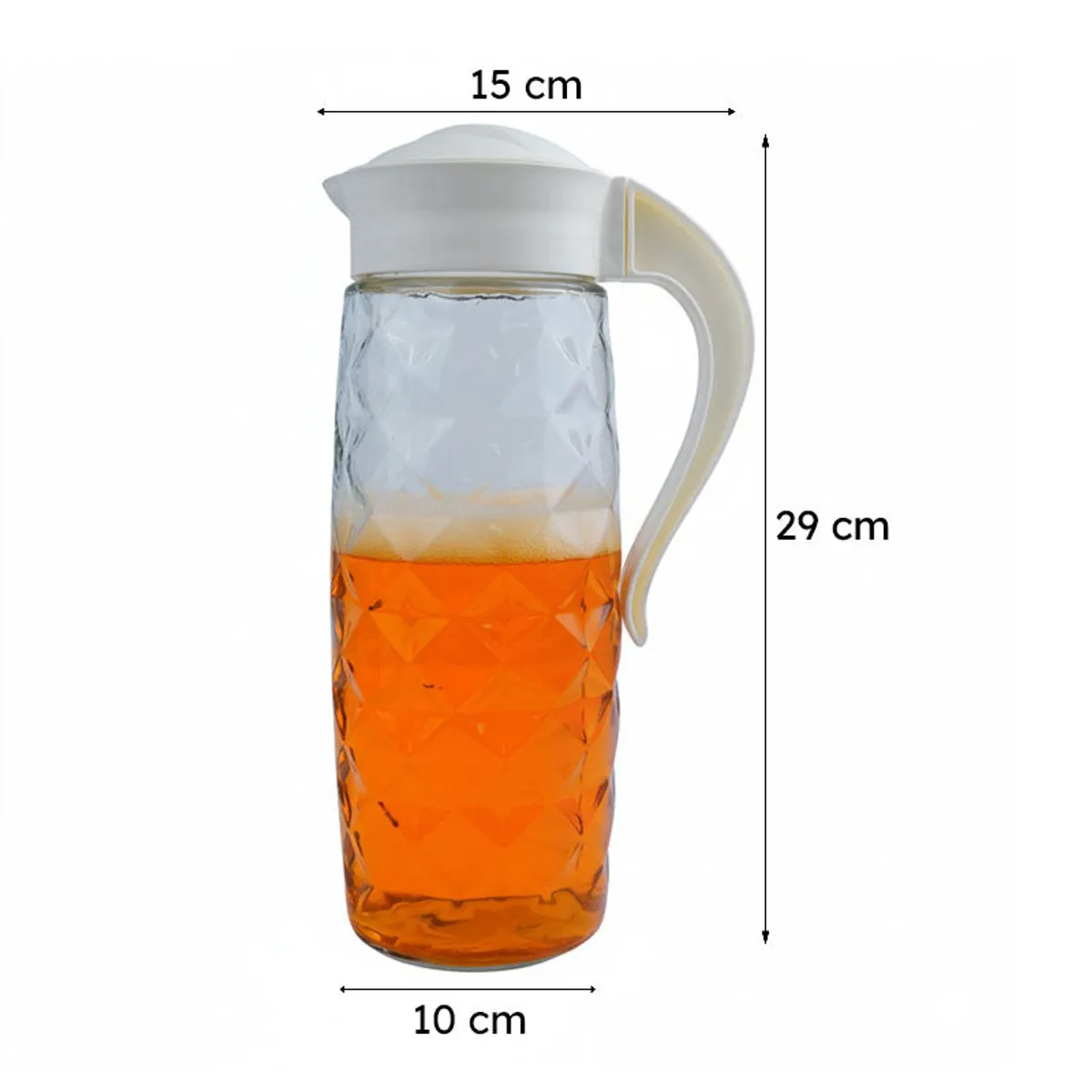Transparent textured glass jug with white lid and handle, dimension view