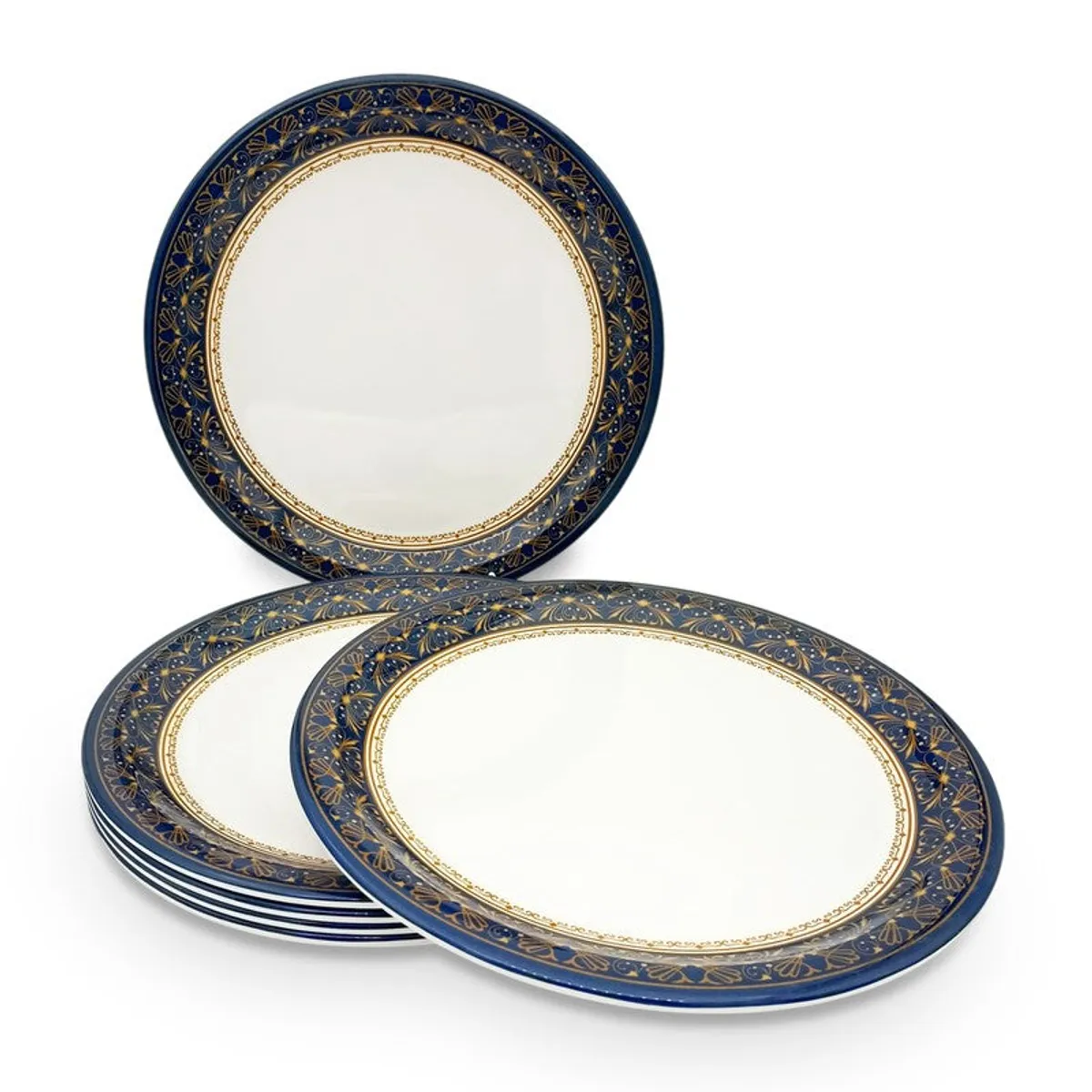 Blue and white quarter plates arranged in an overlapping stack