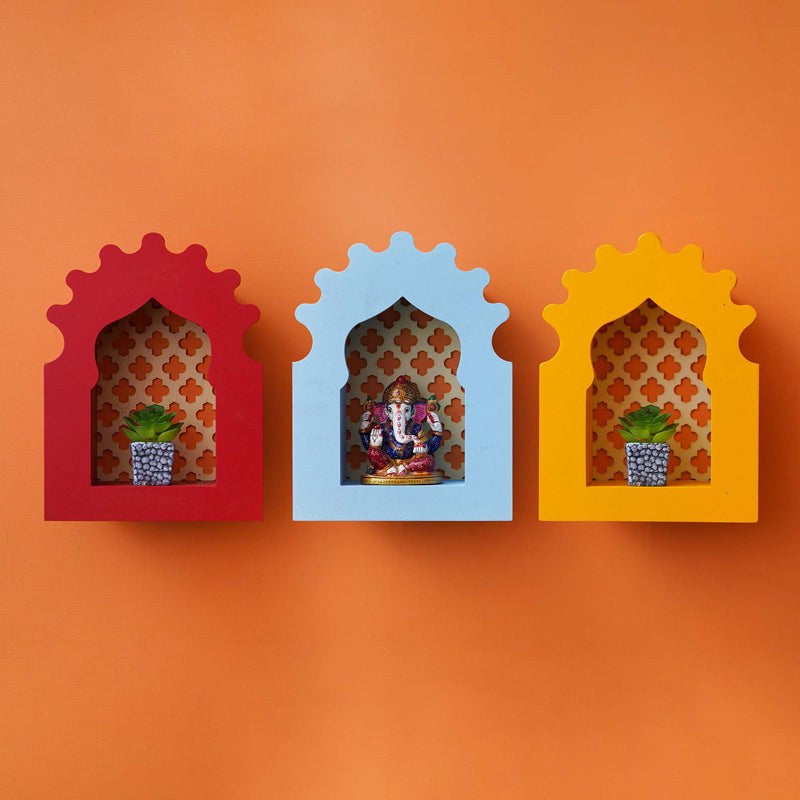 Vidma Wooden Wall Mounted Mandir - Set of Three