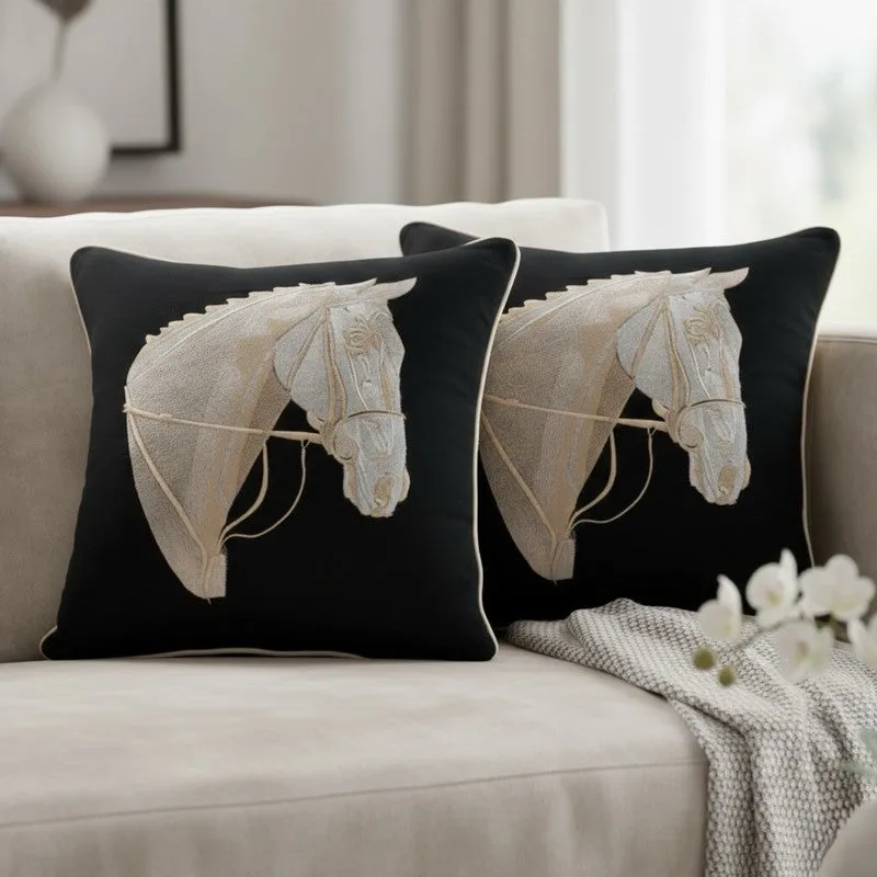 Equine Embroidered Cushion cover (Black) - Set Of Two media 3