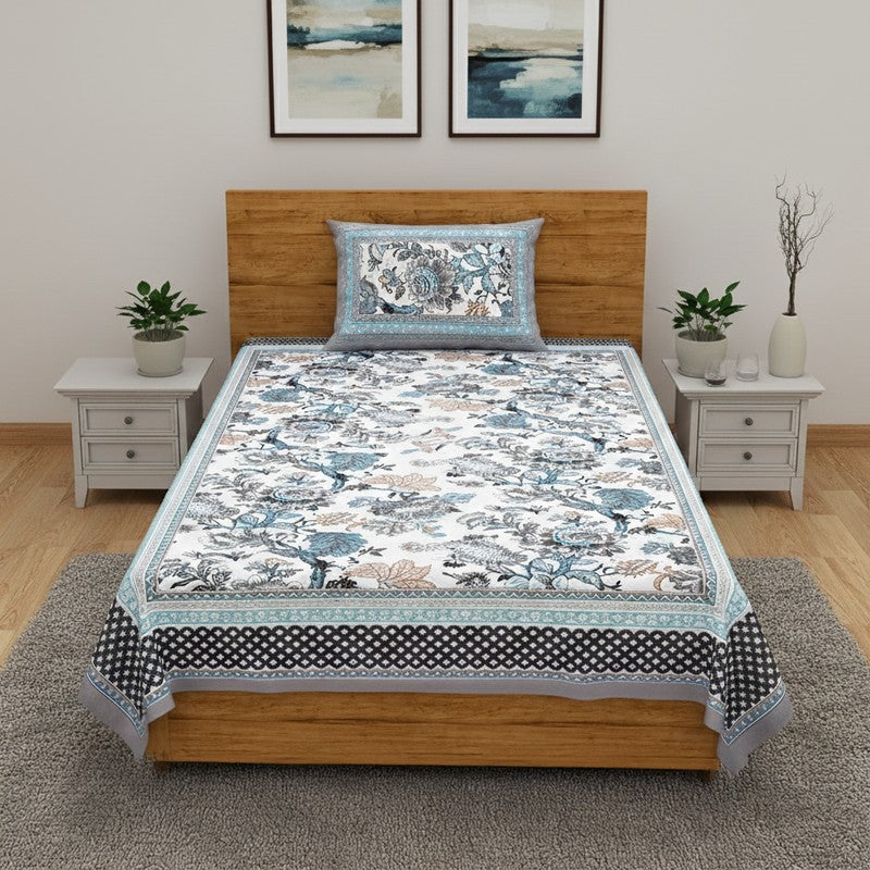 Sleepora Floral Cotton Bedsheet (Blue & White) - 240 TC