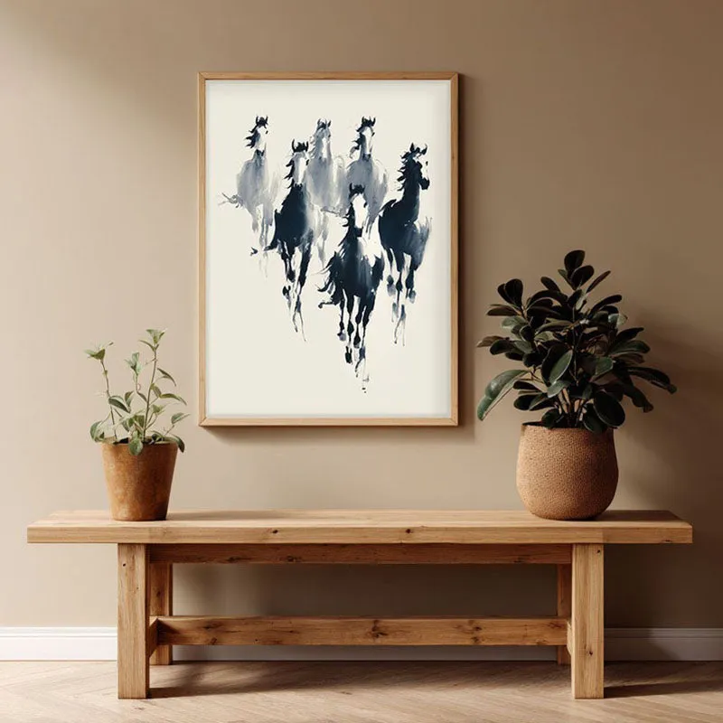 Rustic Horse Family Wall Painting With Brown Frame media 1