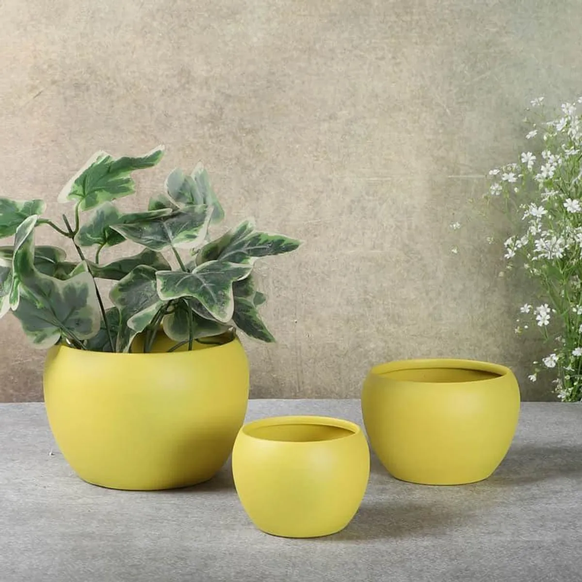 Three yellow planters styled with green foliage and small white flowers