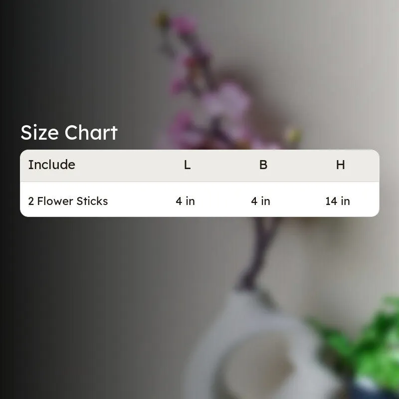 Size chart showing two flower sticks measuring 4 by 4 by 14 inches