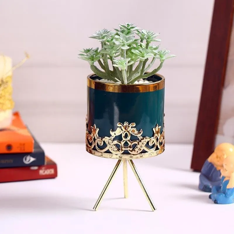 Faux Big Crassula In Blue Ceramic Pot - 19 cms media 1