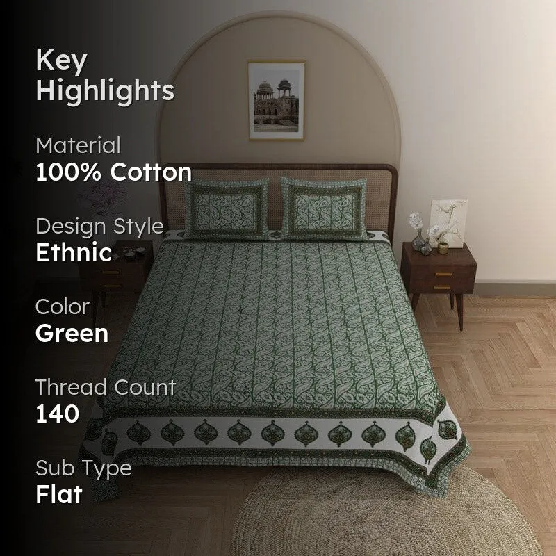 Mridula Ethnic Printed Cotton Bedsheet (Green) - 140 TC media 2