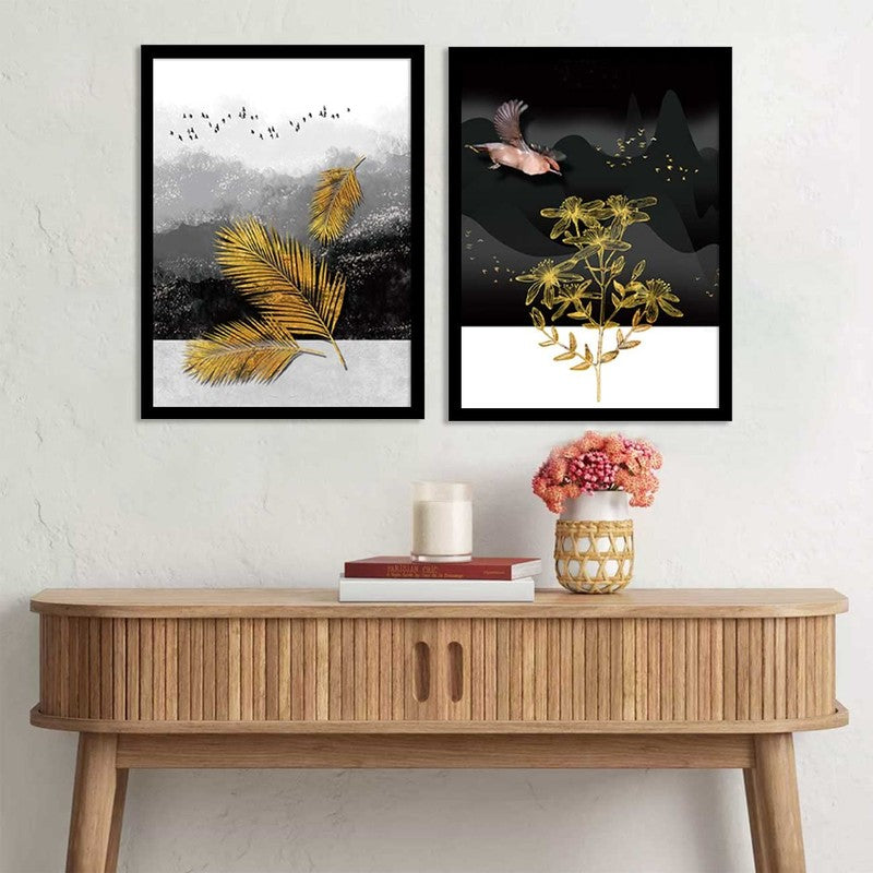 Nature Glide Paper Wall Painting With MDF Frame (Black) - Set Of Two