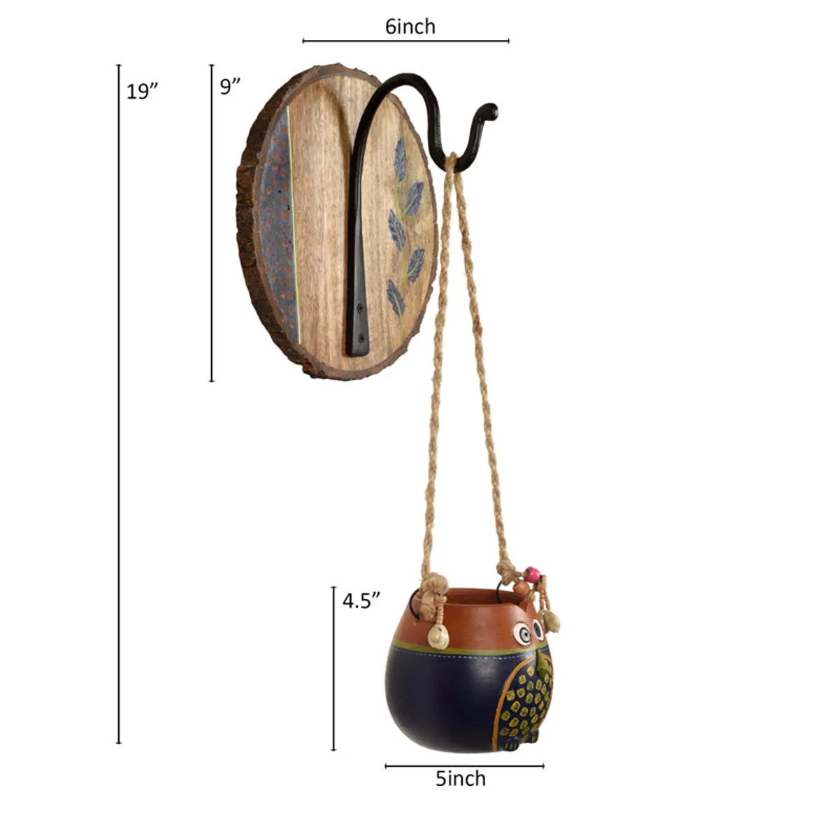 Owl hanging planter shown with visible wall plate and pot measurements.