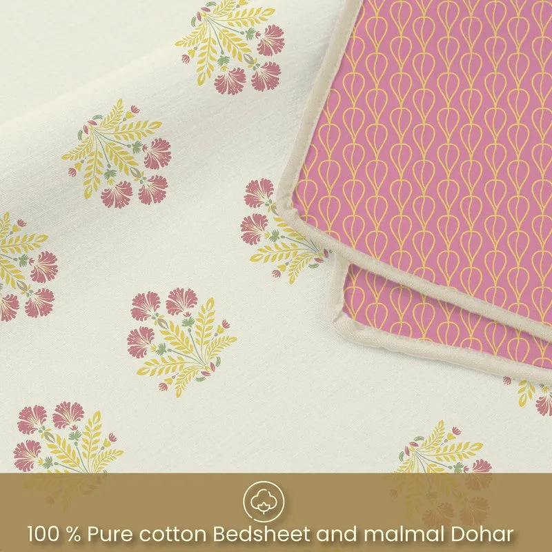 Fabric close-up of off-white floral print and pink patterned reverse side