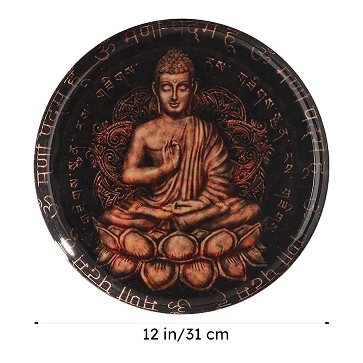 Close-up front view of the Buddha seated on a lotus on the round wall plate