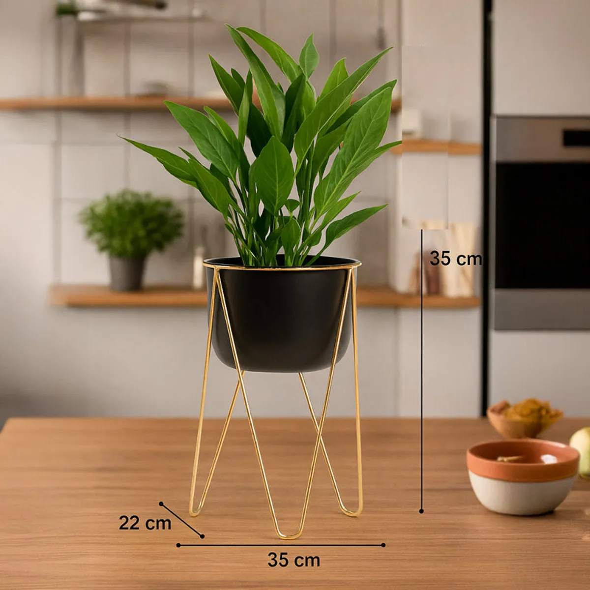 Black planter on a gold stand with a leafy plant on a tabletop