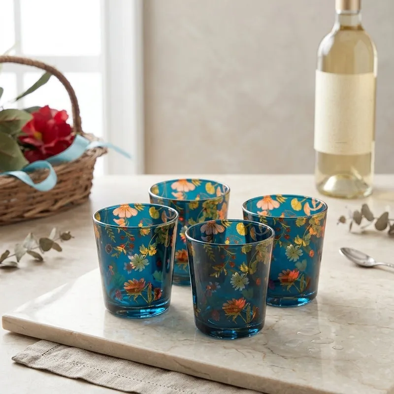 Floral Bliss Blue Glass Tumbler - Set Of Four media 1