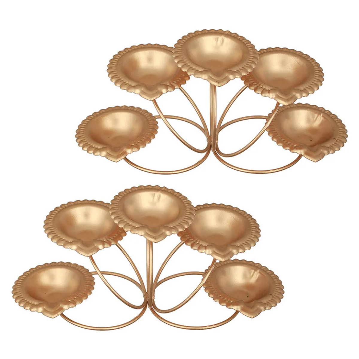 Two gold floral diya arrangements shown together on white background