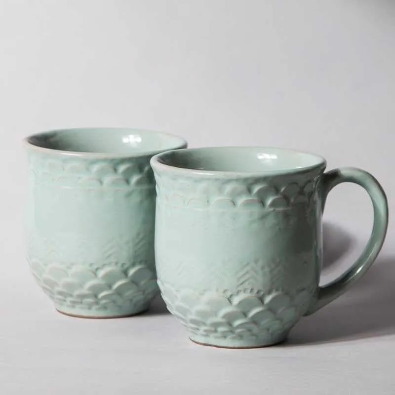 Scallop Stoneware Coffee Mug (440 mL Each/Aqua) - Set of Two media 1