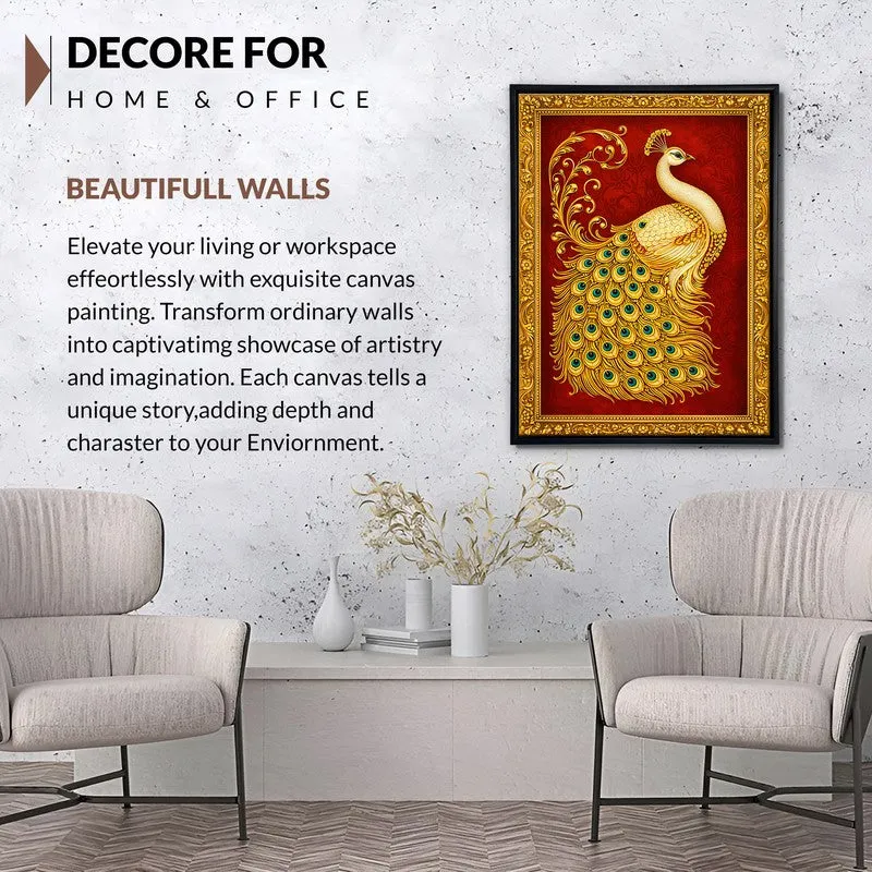 Tanjore Golden Peacock Canvas Wall Painting With Frame media 7