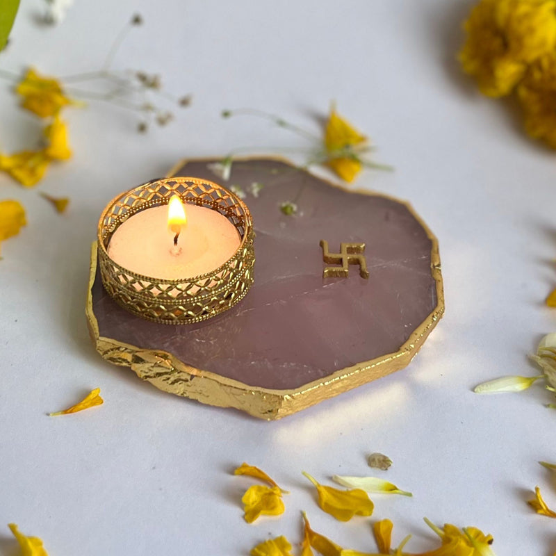 Swastik Handcrafted Agate Tealight Candle Holder - Rose Quartz media 4