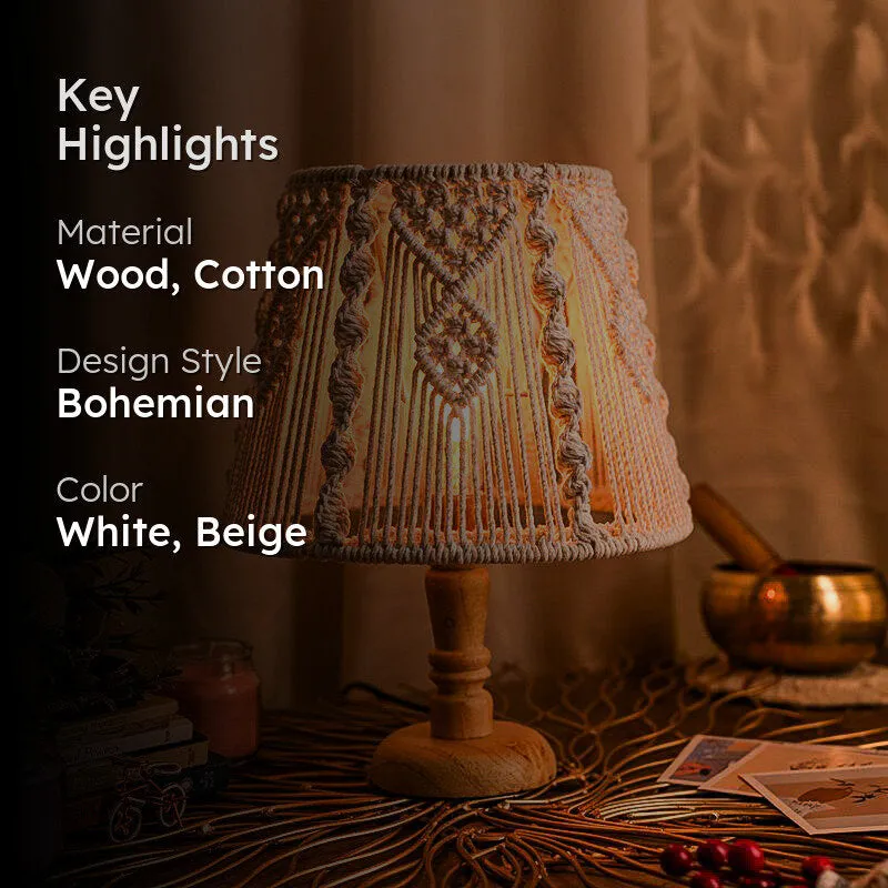 Behnam Macrame Wooden Table Lamp - White,Beige media 2