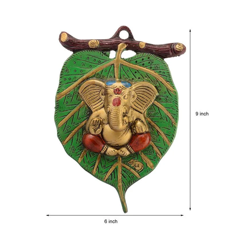 Balganesha Resting on Leaf Religious Metal Wall Accent - Green & Gold media 6