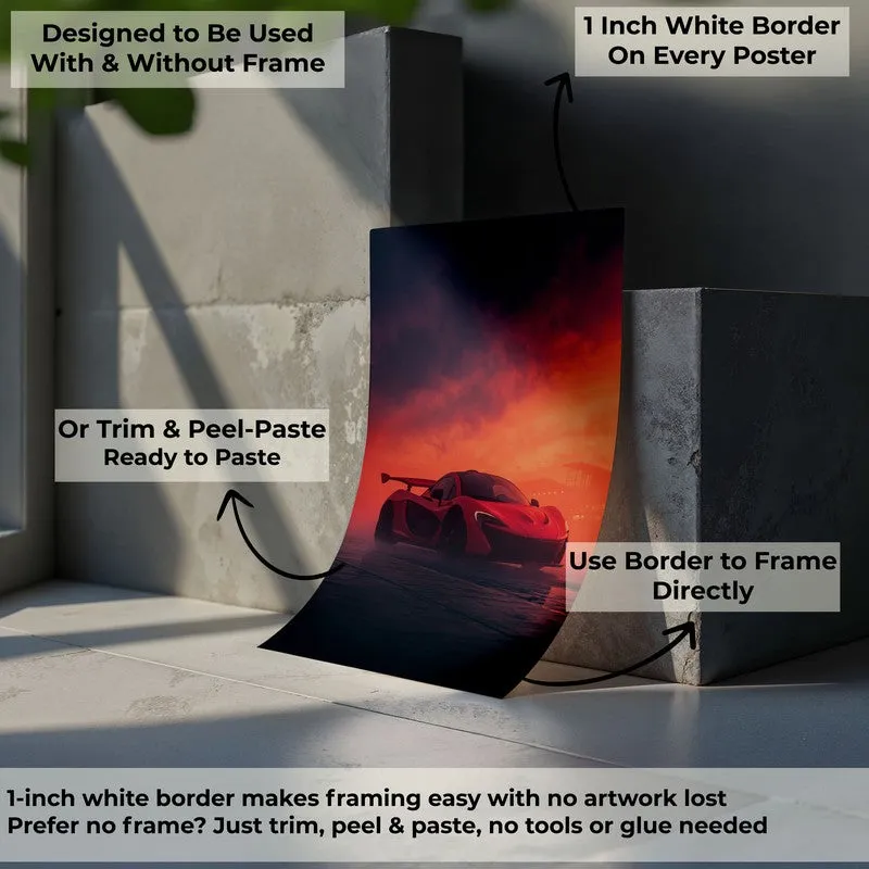Single car poster shown curled against blocks in a styled setting