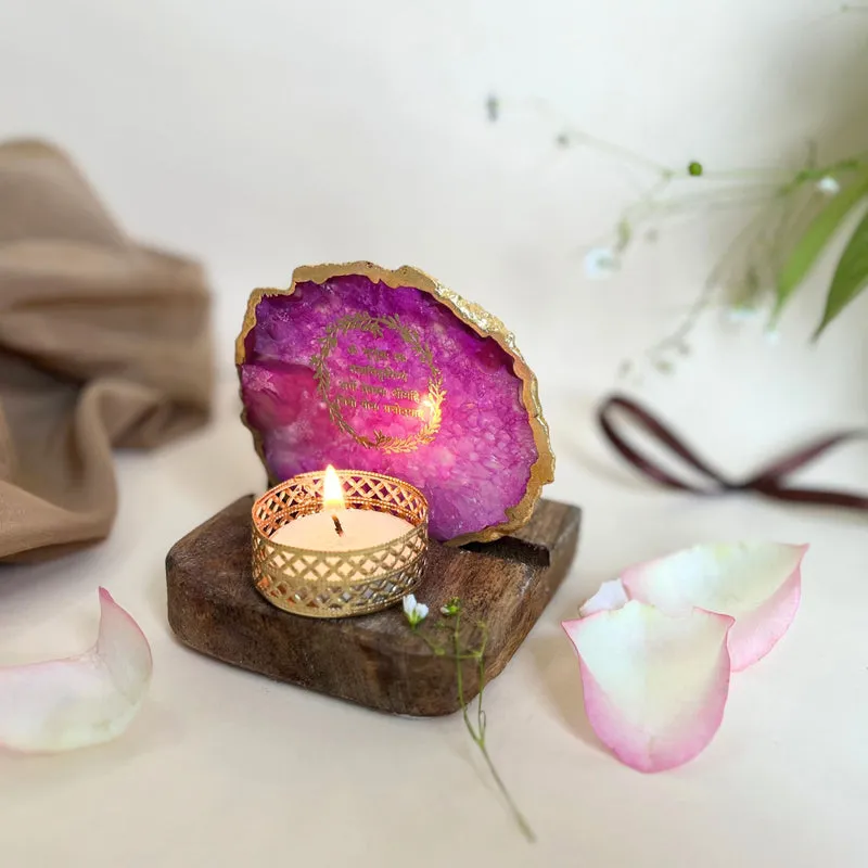 Gayathri Mantra Handcrafted Agate Religious Accent With Tealight Candle Holder - Pink media 3