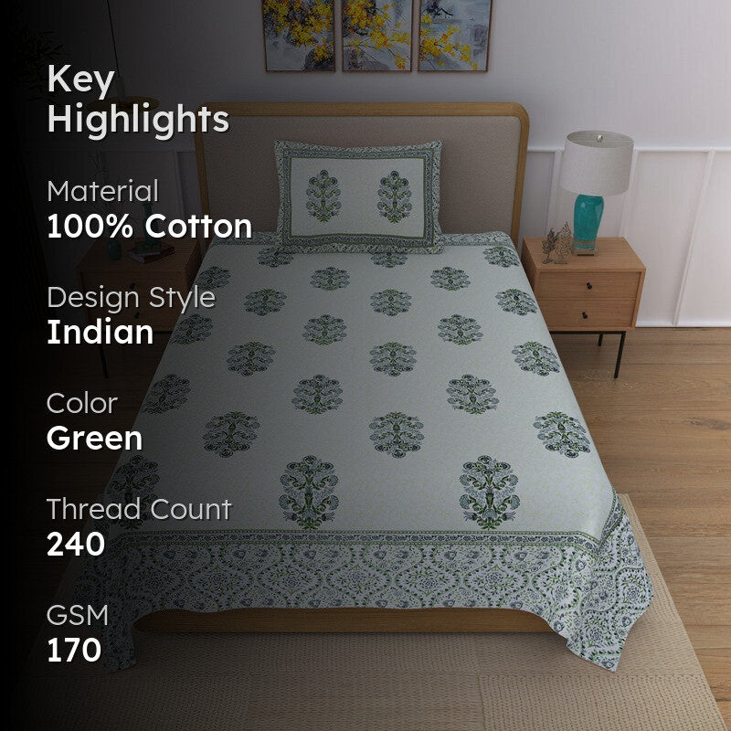 Textura Ethnic Cotton Bedsheet (Green & White) - 240 TC media 2