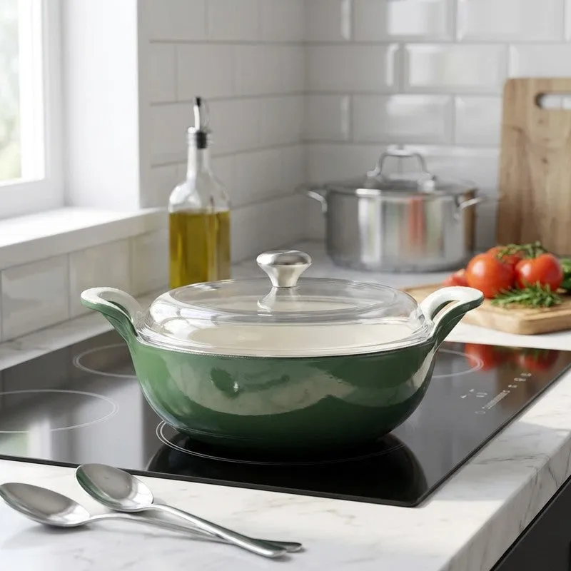 Cumin Co Enamel Cast Iron Kadhai With Lid (3200 mL) - Green media 1