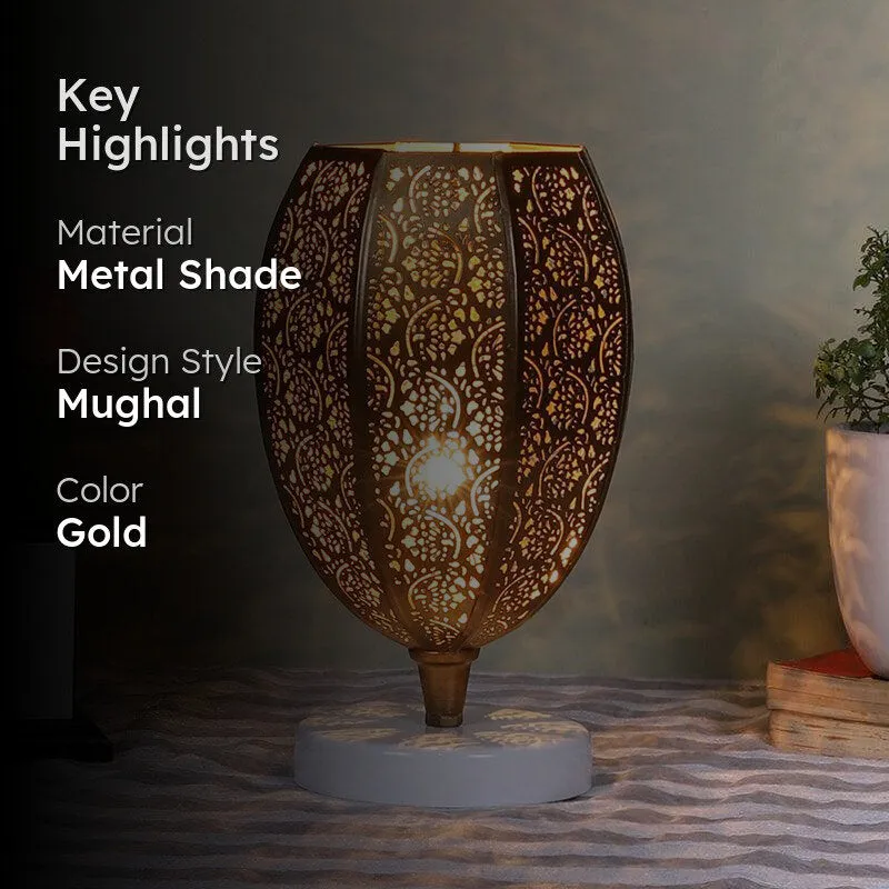 Mehela Etched Metal Table Lamp With White Round Base - Gold media 2