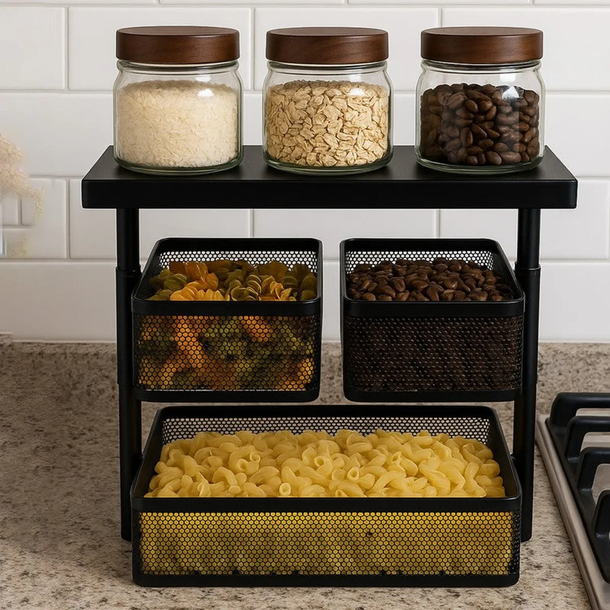 Black three-tier basket rack organising jars, snacks and pasta on a kitchen counter