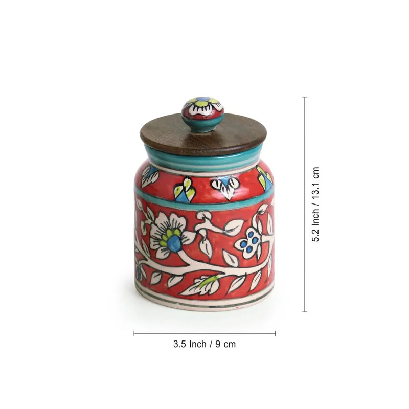 Single floral ceramic jar with wooden lid and visible dimensions.