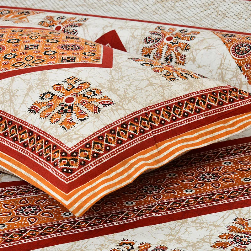 Akanksha Ethnic Cotton Bedsheet (Orange,Beige) - 180 TC media 4