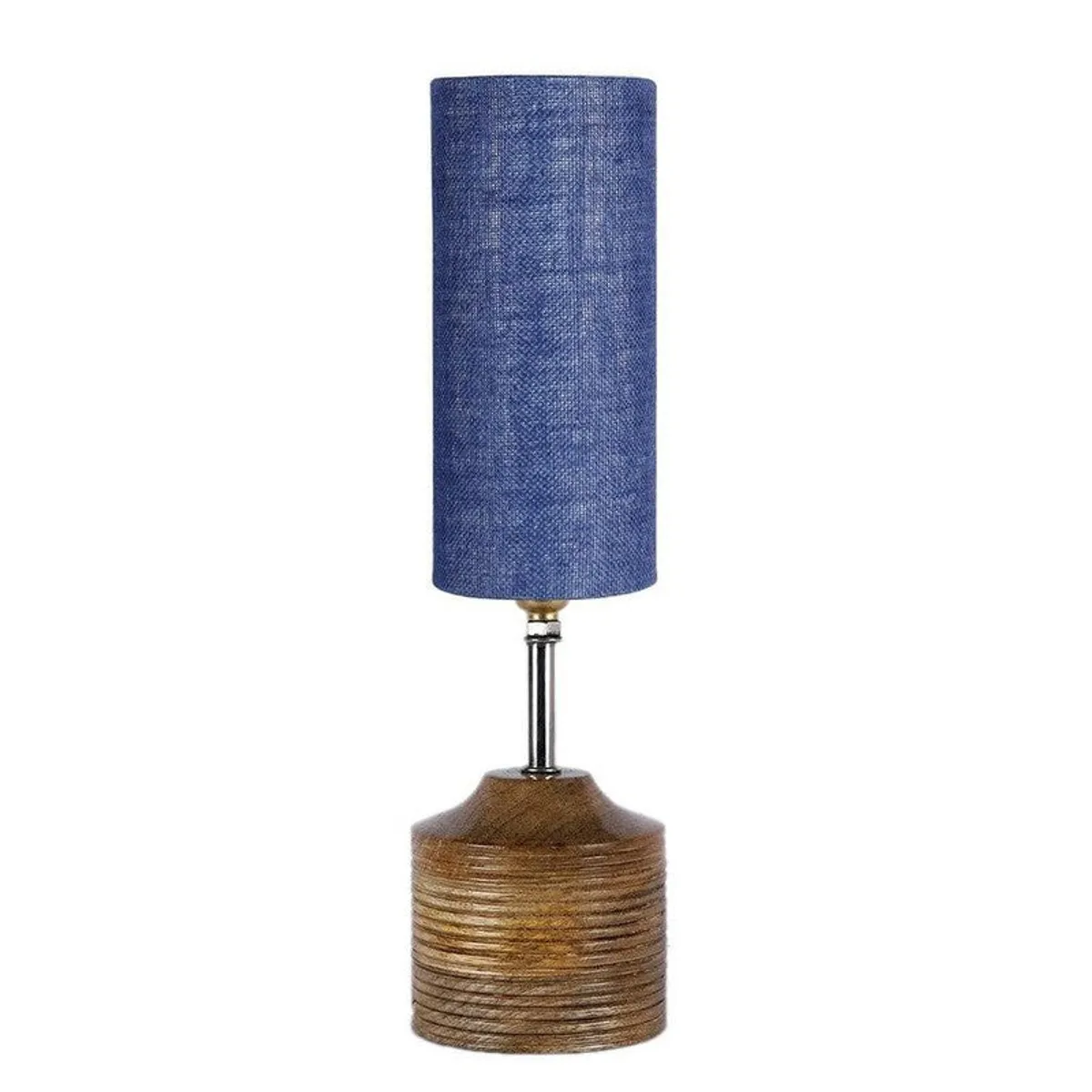 Studio view of blue cylindrical table lamp with brown ribbed base
