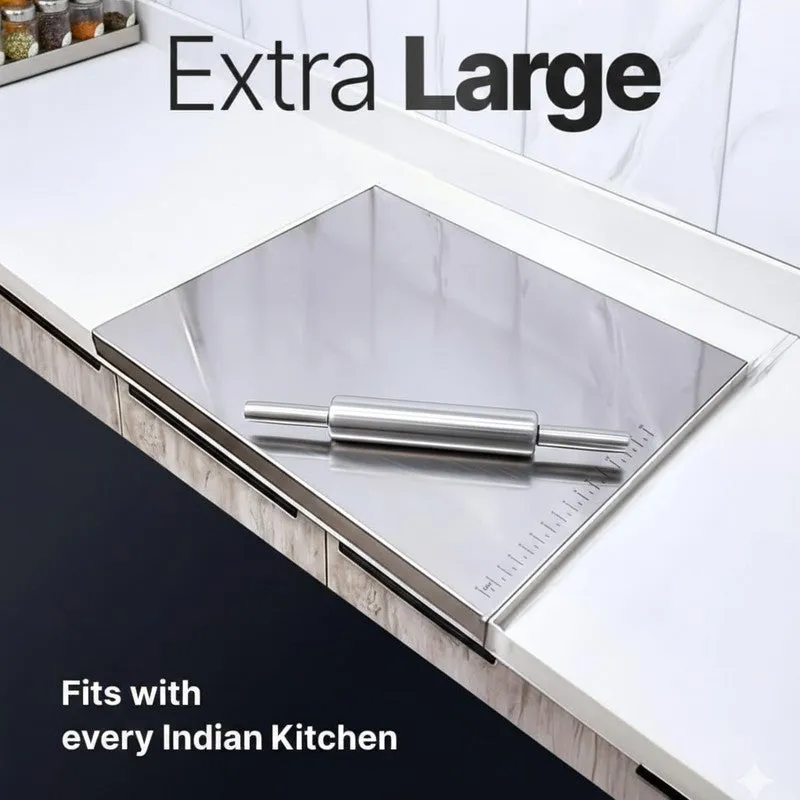Steel rolling pin and large silver board set displayed on a kitchen counter