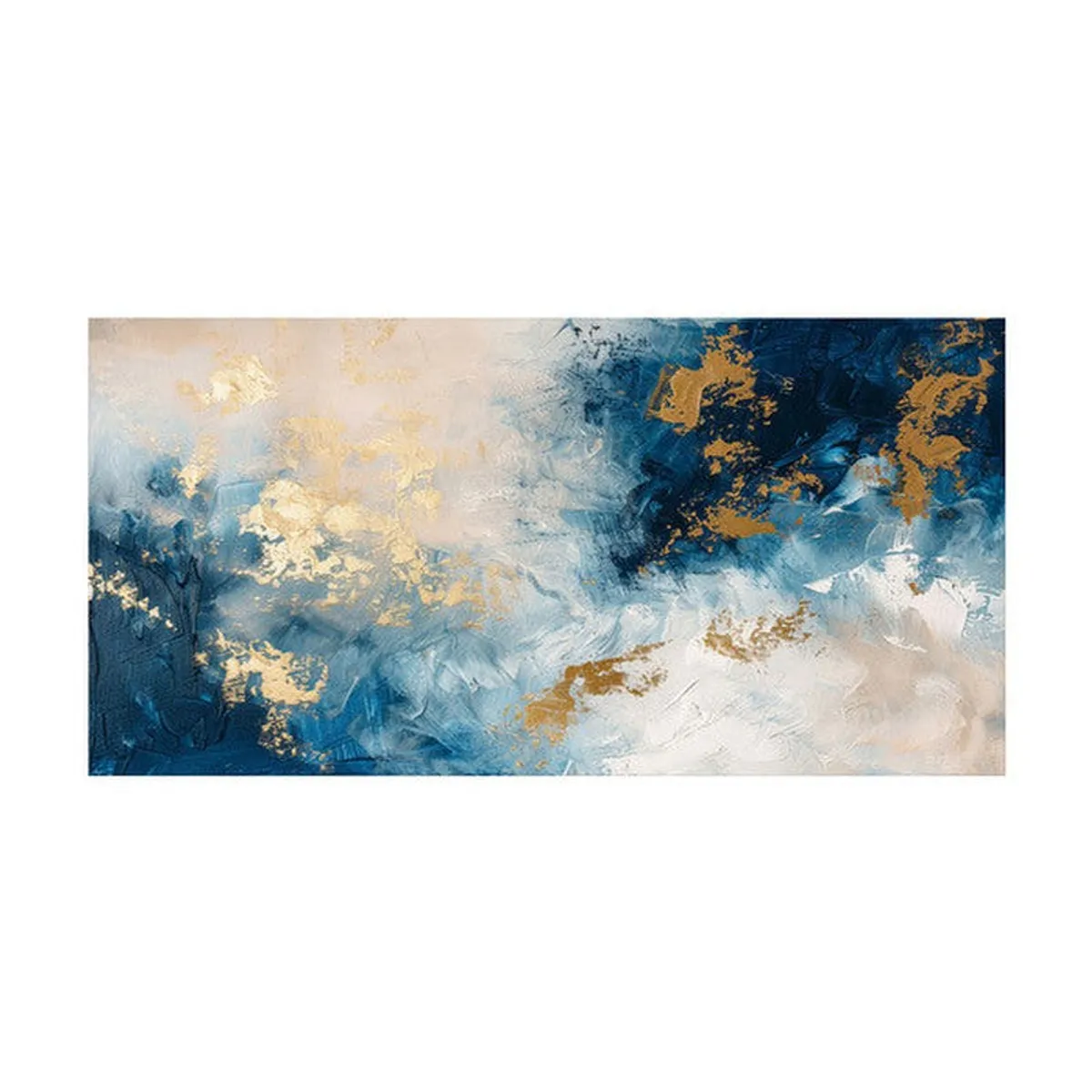 Rectangular abstract painting in blue, gold and off-white tones
