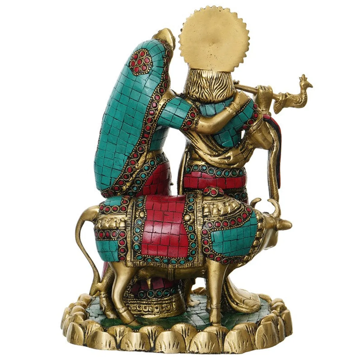 Rear view of brass Krishna and Radha idol with red and blue accents