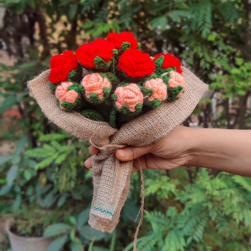 Crochet Handmade Rose Bouquet (Red,Orange) - Set of Twelve