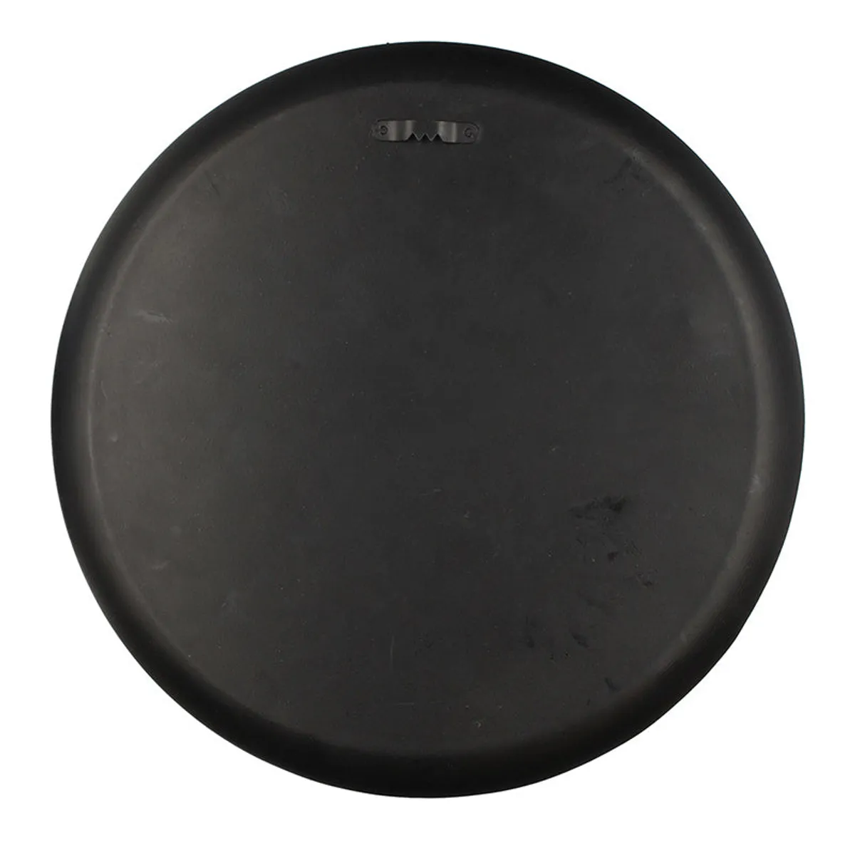 Back view of the round black metal wall plate showing its wall-mount fixture