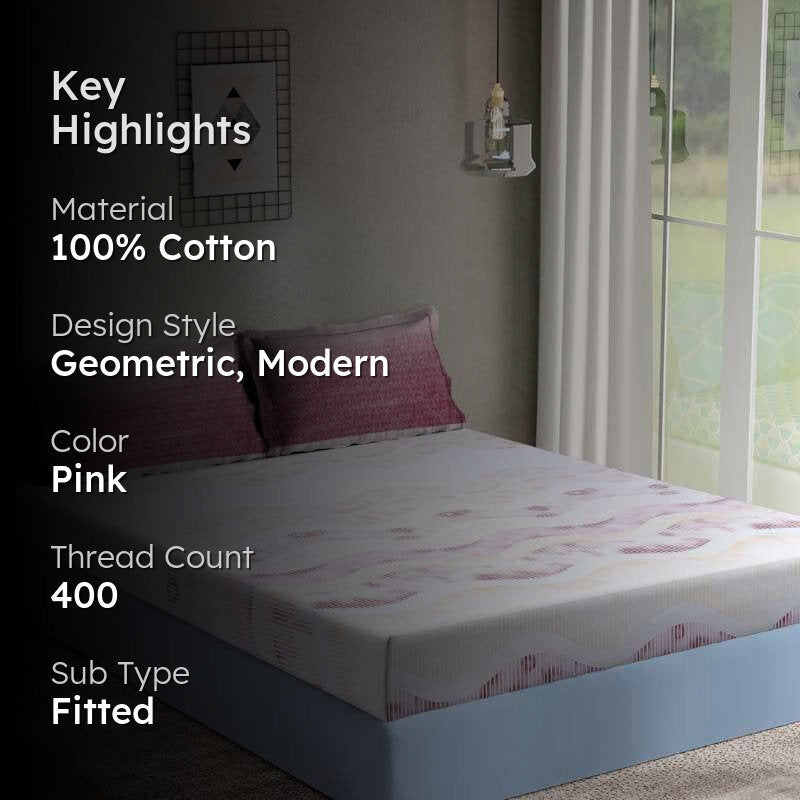 Zigzag Zest Fitted Cotton Bedsheet (Pink) - 400 TC media 2