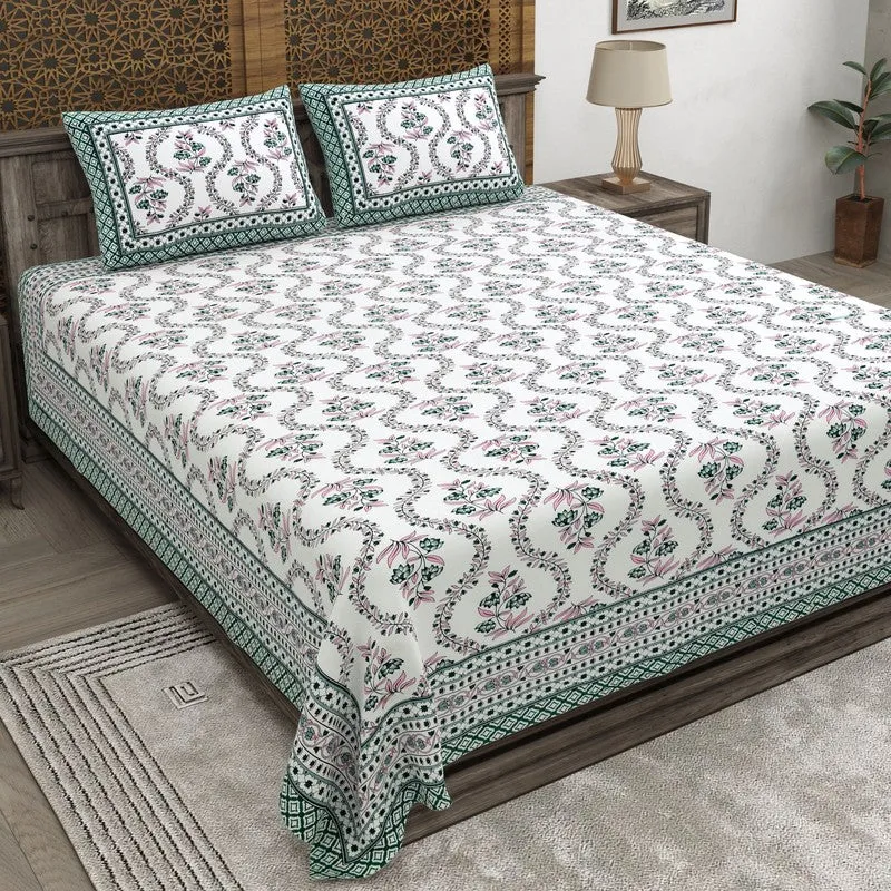 Griden Cotton Bedsheet (Green,White) - 240 TC media 1