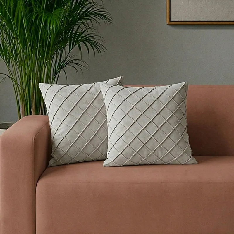 Swayam Lohita Pintex Velvet Cushion Cover (Beige) - Set of Two media 1