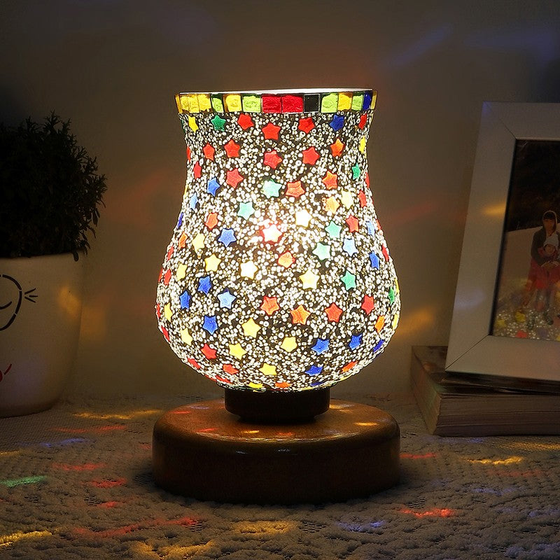 Auranel Mosaic Glass Table Lamp With Wooden Base - Multicolor