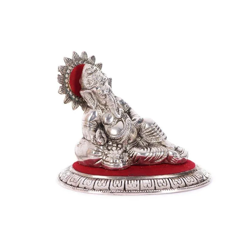 Lord Ganesha Metal Resting Idol - Silver & Red media 3