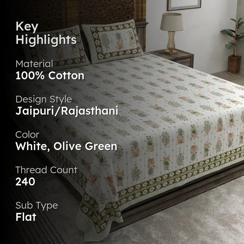 Heritagea Cotton Bedsheet (White,Olive Green) - 240 TC media 2